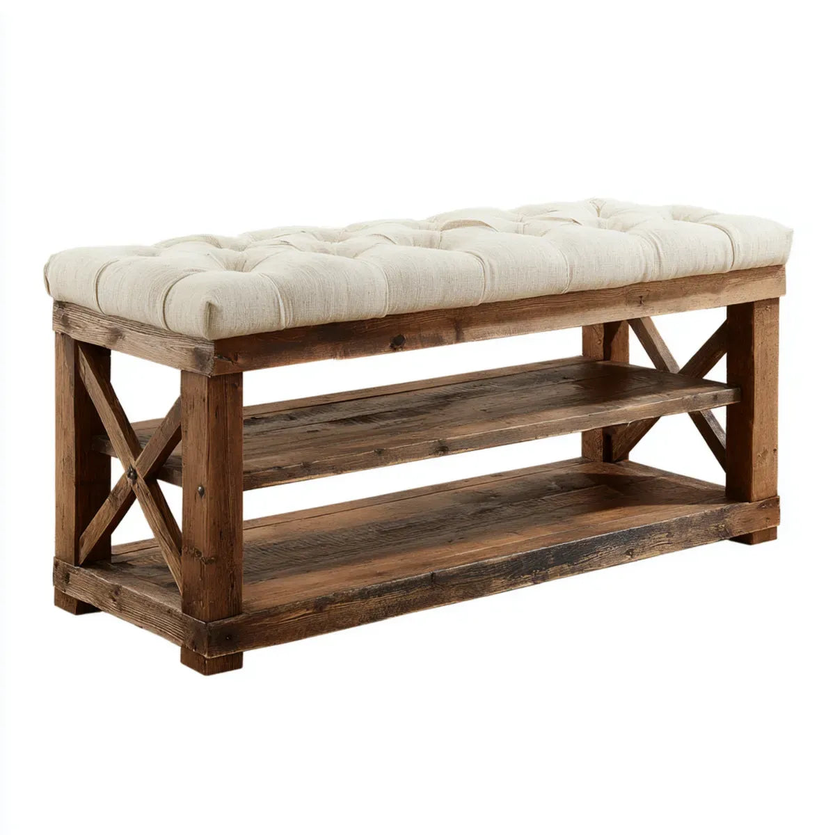 Banc d'entrée avec rangement chaussures brun et beige 120 x 40 x 50 cm en bois de pin massif avec assise capitonnée rectangulaire