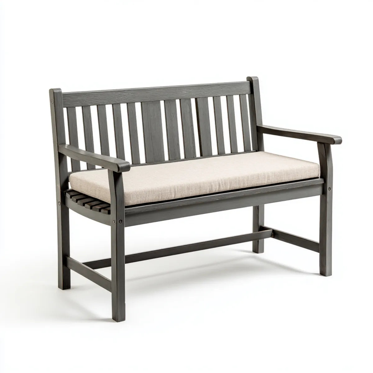 Banc d'entrée 2 places gris foncé avec coussin beige en bois massif rectangulaire 120 x 58 x 91 cm