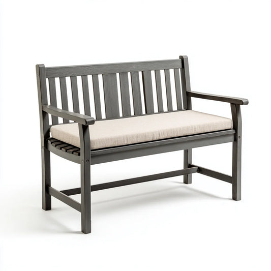 Banc d'entrée 2 places gris foncé avec coussin beige en bois massif rectangulaire 120 x 58 x 91 cm