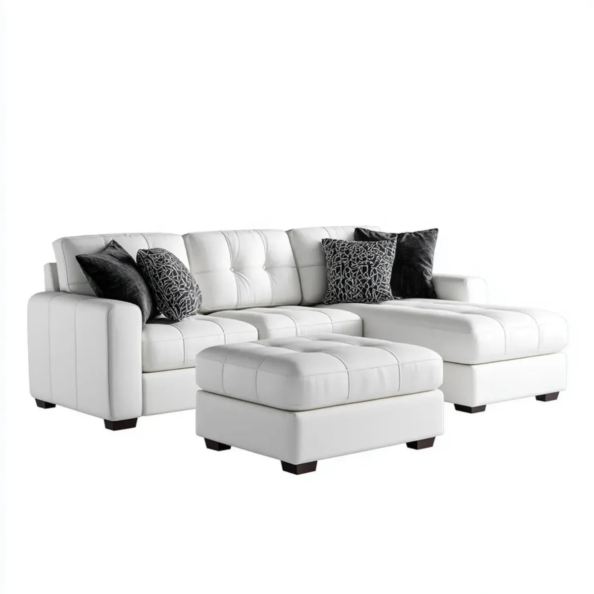 Canapé d'angle droit avec pouf blanc en similicuir PU forme en L 260 x 160 x 90 cm