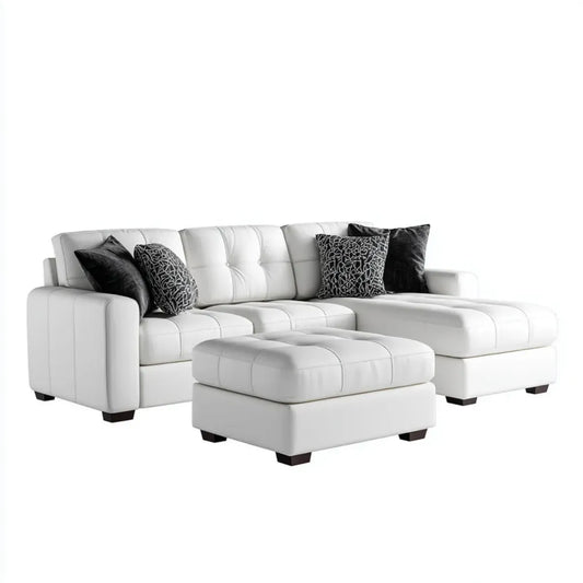 Canapé d'angle droit avec pouf blanc en similicuir PU forme en L 260 x 160 x 90 cm