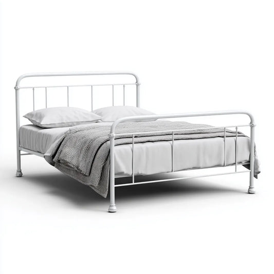 Lit double en acier blanc 140 x 190 cm avec cadre à barreaux rectangulaire