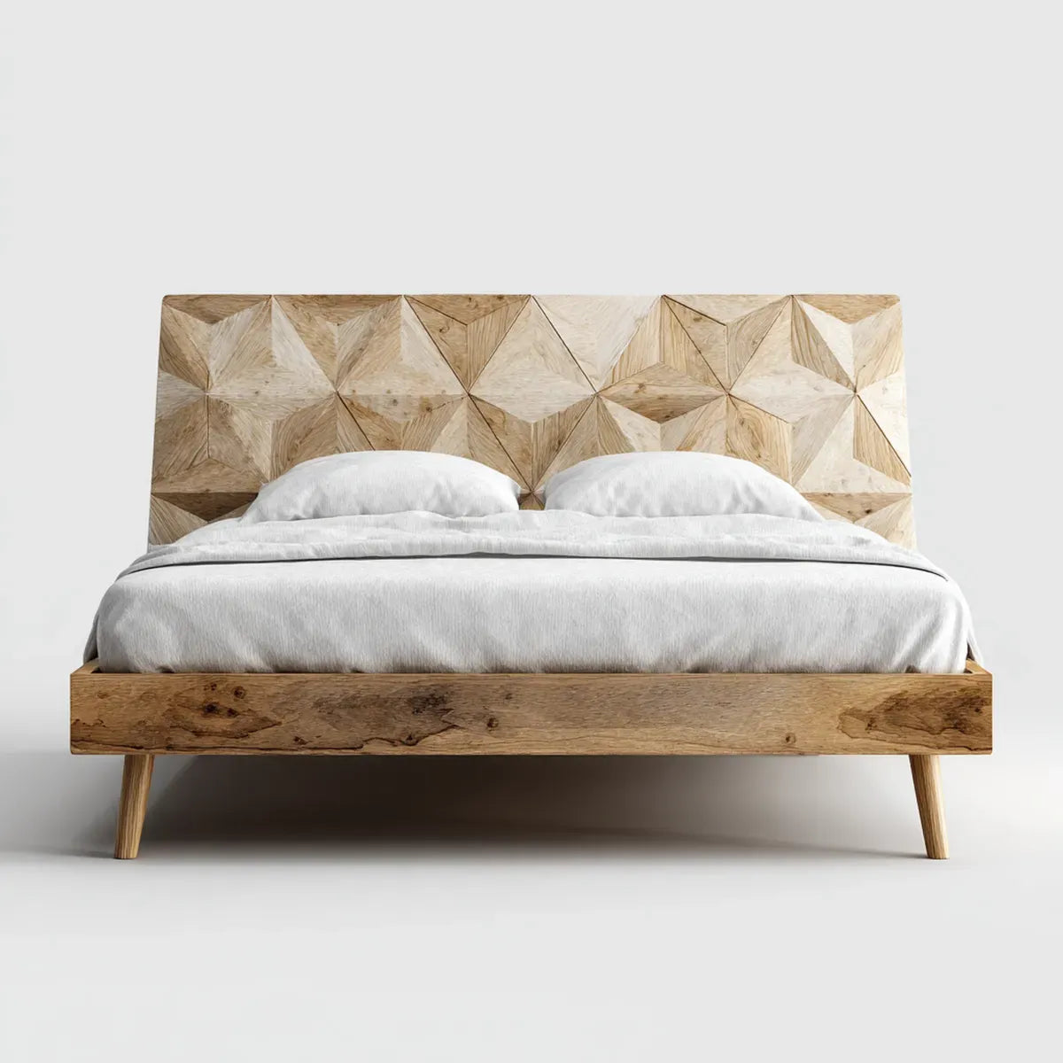 Lit double 160 x 200 cm en bois massif de manguier naturel avec tête de lit géométrique rectangulaire