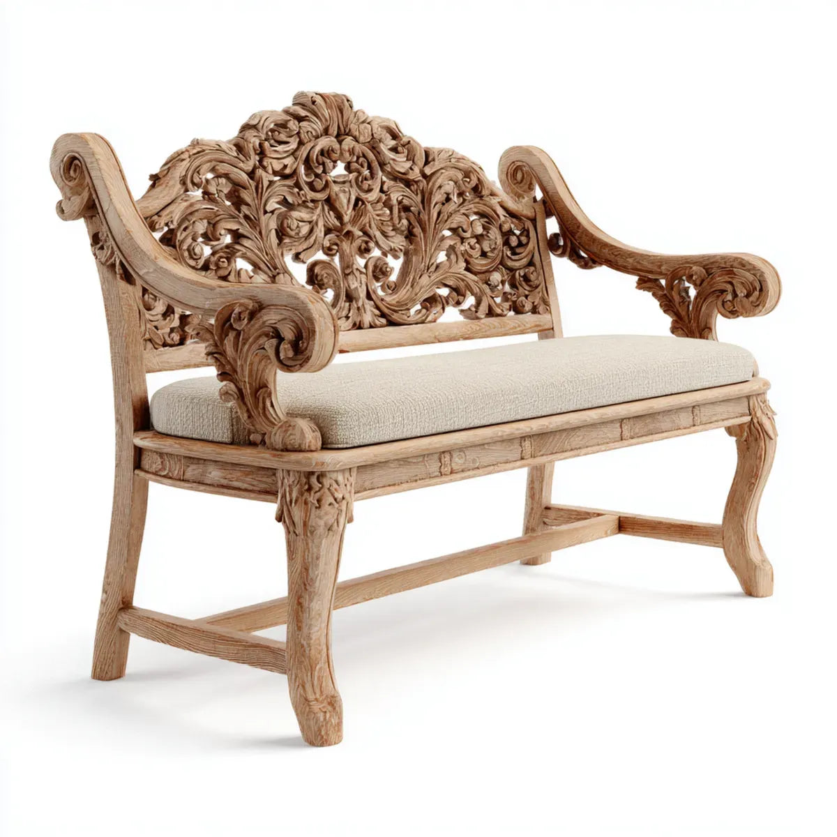 Banc d'entrée à dossier sculpté naturel et beige 140 x 65 x 105 cm en bois massif de manguier forme rectangulaire