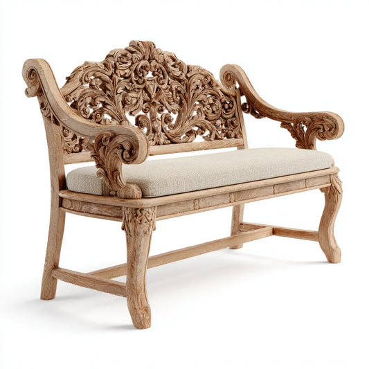 Banc d'entrée à dossier sculpté naturel et beige 140 x 65 x 105 cm en bois massif de manguier forme rectangulaire