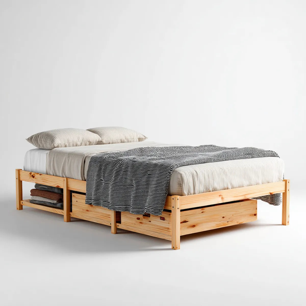 Lit double avec rangement pin massif naturel 140 x 190 cm rectangulaire