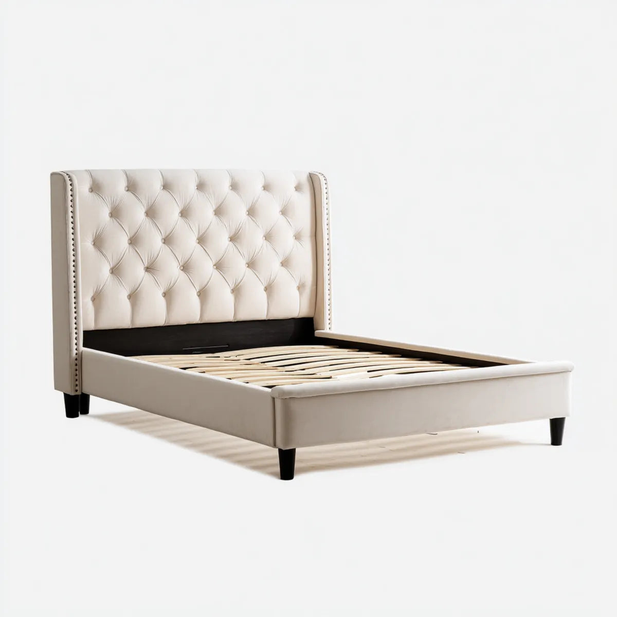 Cadre de lit capitonné ivoire 160 x 200 cm en cuir synthétique PU rectangulaire avec sommier à lattes