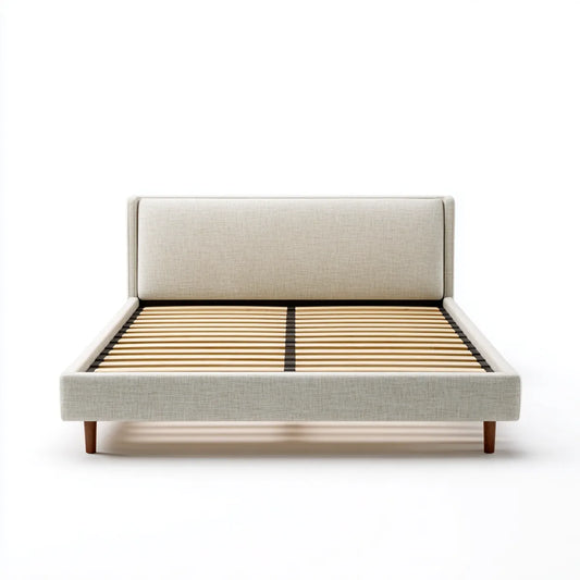 Lit double avec sommier à lattes beige 160 x 200 cm en contreplaqué et polyester rectangulaire